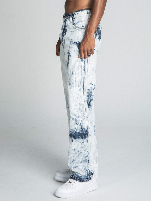 AJ01L-1 DARK BLUE/WHITE TIE DYE THREAD LINE LOOSE JEANS