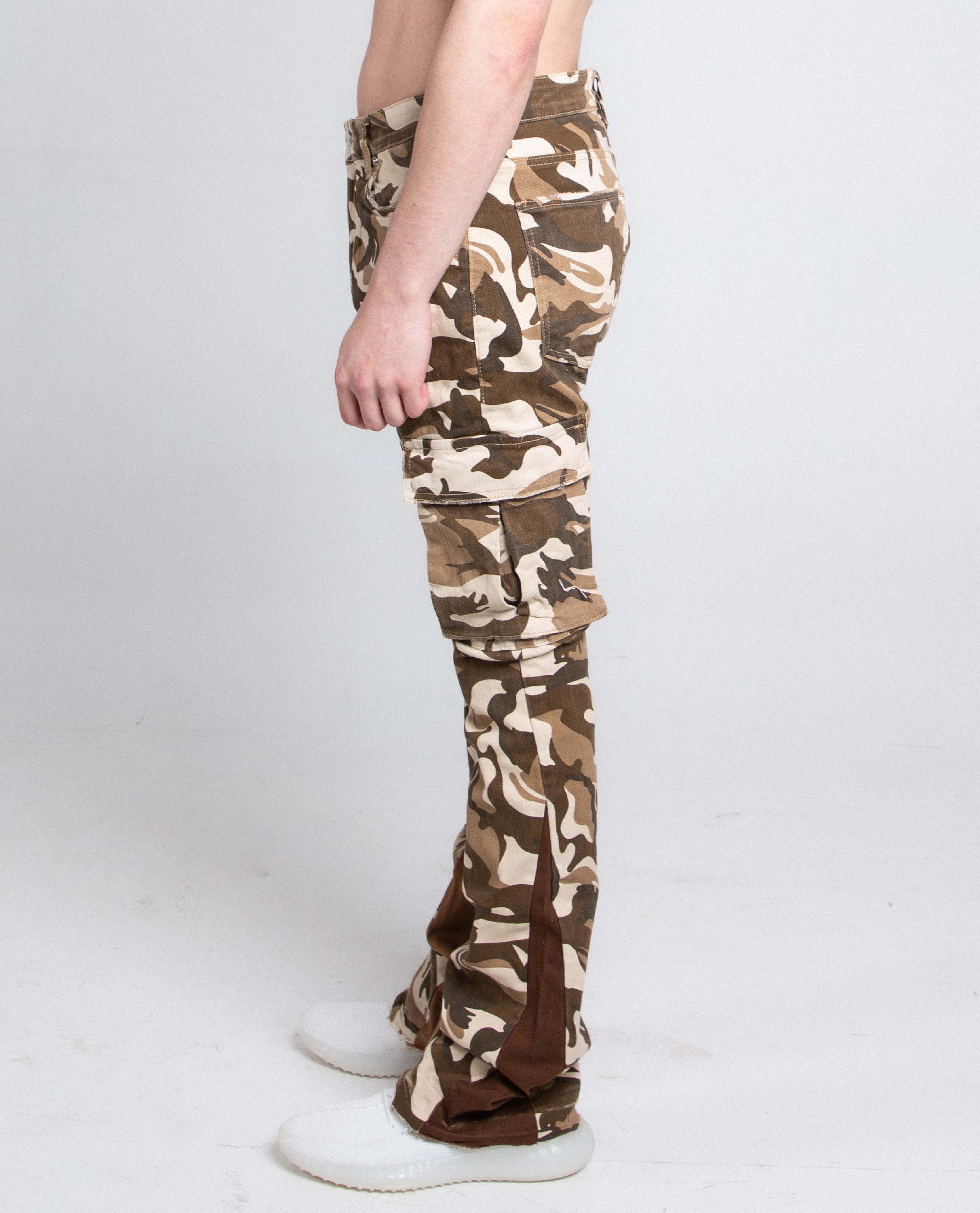AJS699-11 BROWN CAMO STACKED PANTS