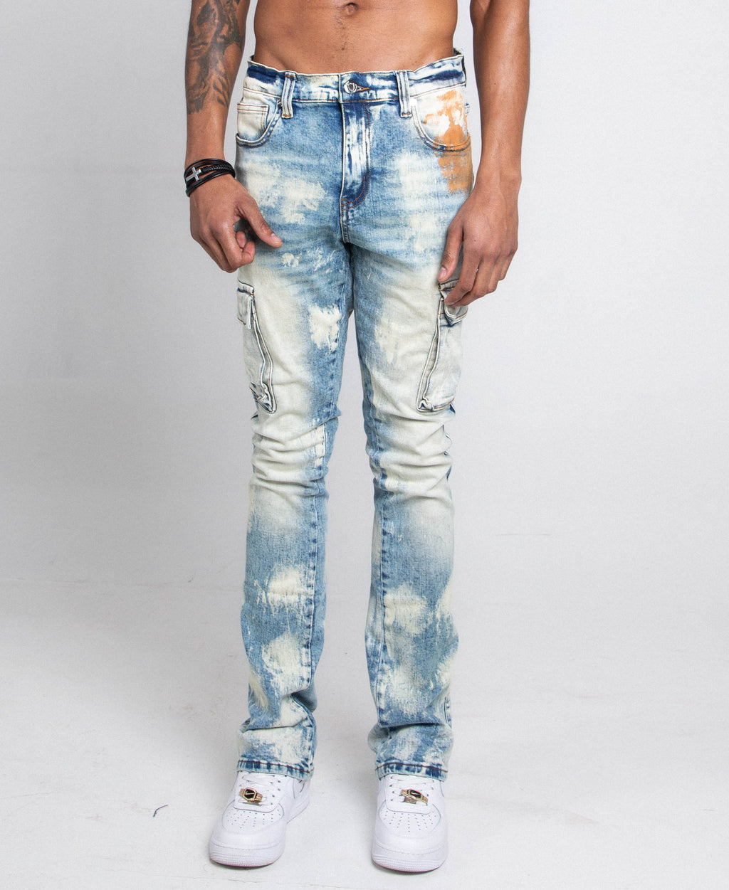 AJ29SK GREY/WHITE WASH STACKED CARGO JEANS